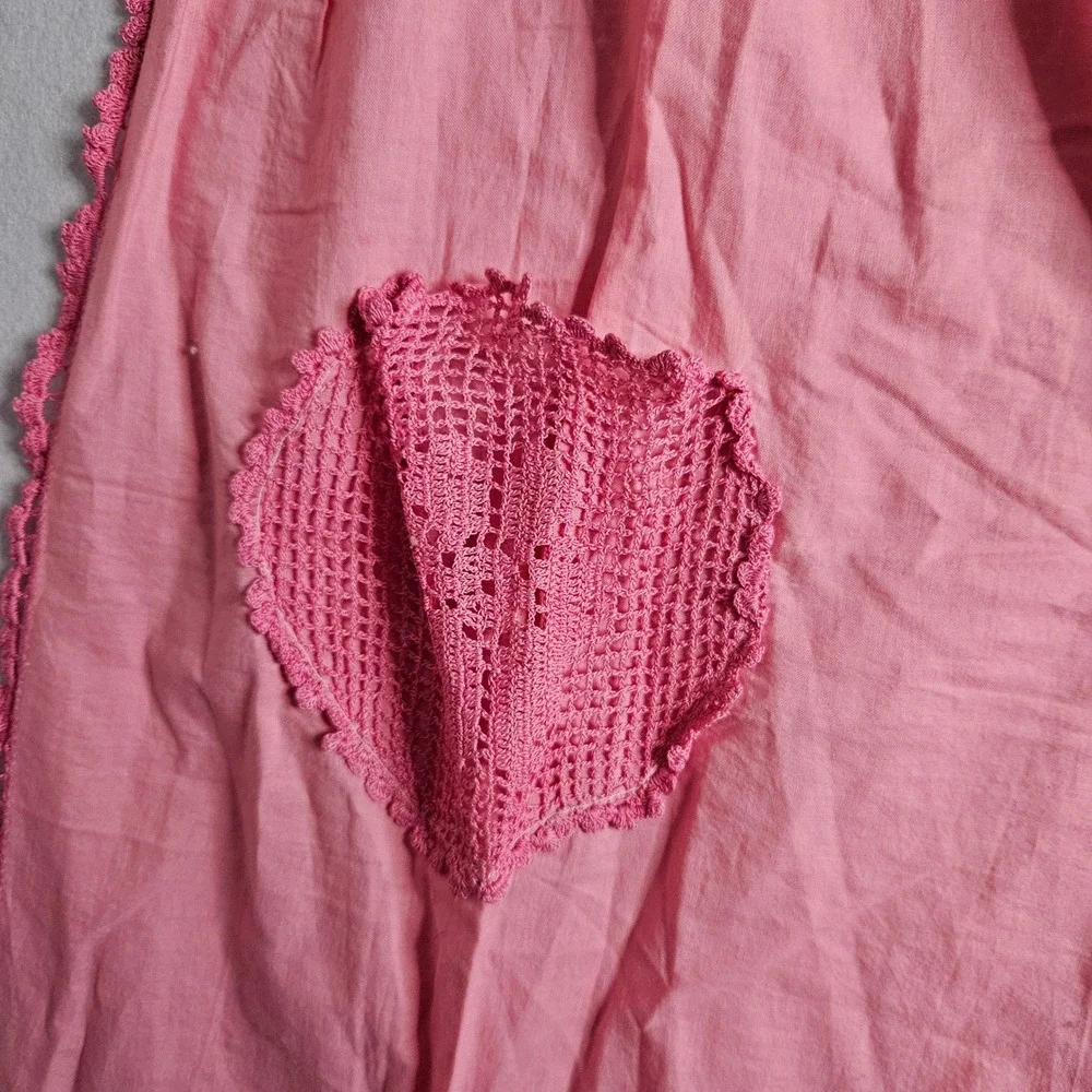 Vintage Pink Handmade Crochet Lace Half Apron with Pocket Scalloped Trim